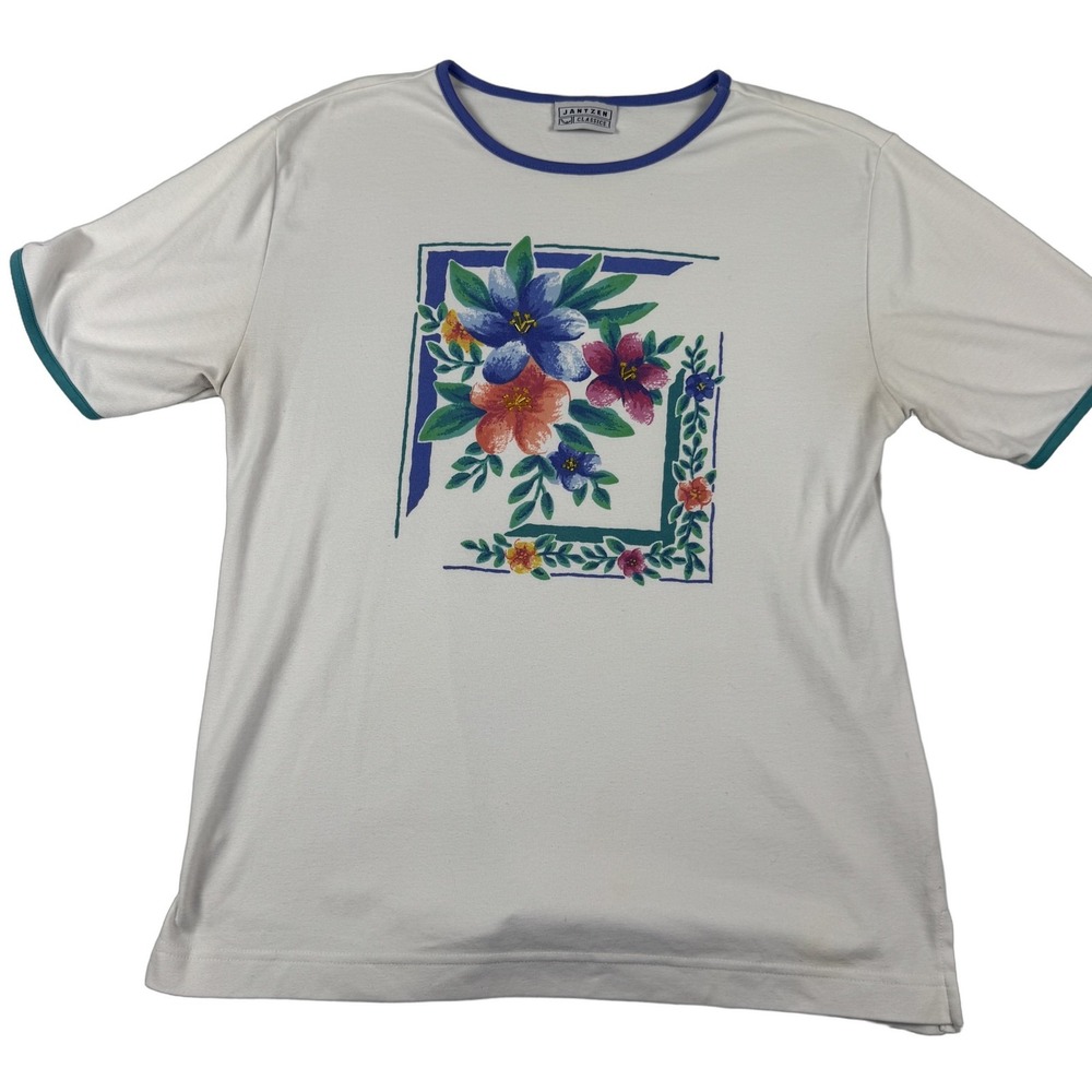 Jantzen Classics Women White Floral Beaded Ringer T-Shirt Short Sleeve Jersey L